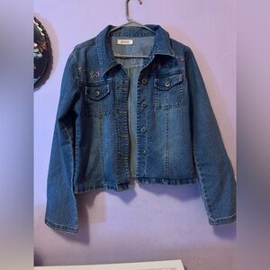 Y2K Stone Blue Denim Jacket with Floral Embroidery bell sleeves Grommet S/M